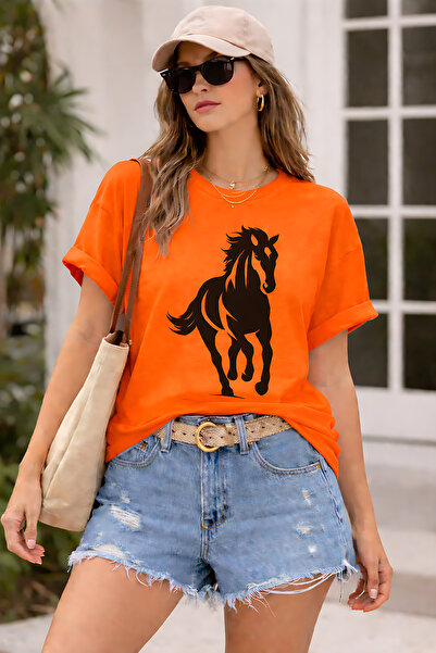 ArtYus Horse Figured Printed Unisex Oversize T-Shirt – Cotton Crew Neck Casua...