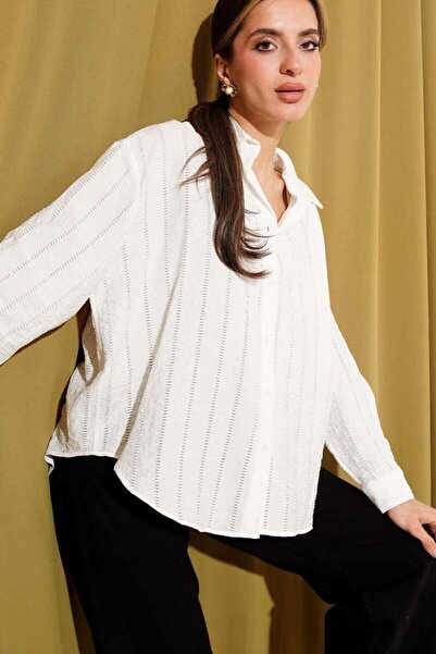 Moda Asrın Şerit Brodeli Oversize Basic Gömlek Ekru