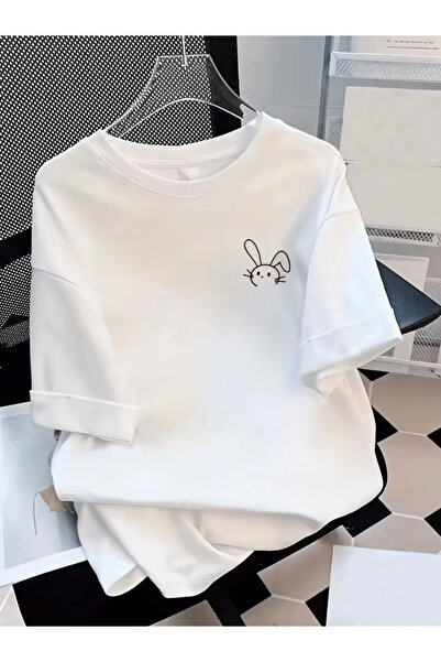 one button Μίνι χαριτωμένο μπλουζάκι με στάμπα κουνελιού Premium Oversize