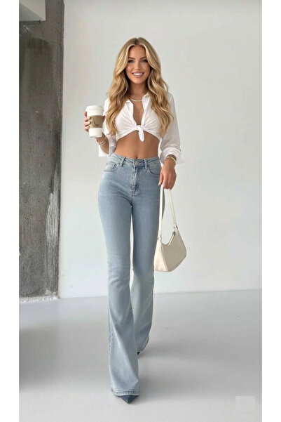 SHEVEGA Ice Blue Lycra Slim Fit Flared Trousers Flare Jean