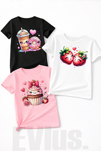 EVIus Children's Sweets Printed Combed Cotton 3-Piece Combed Cotton Set T-Shi...