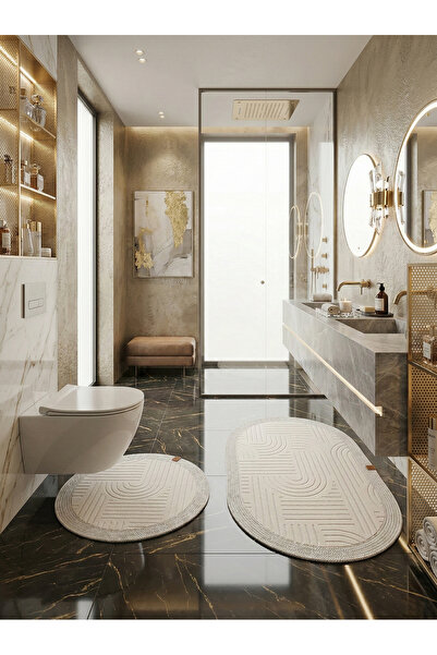 MELENA CARPET Premium Kaymaz Taban Banyo Paspası Jüt Kenar Detaylı Oval Yuvar...