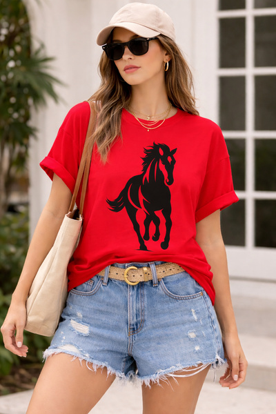 ArtYus Horse Figured Printed Unisex Oversize T-Shirt – Cotton Crew Neck Casua...