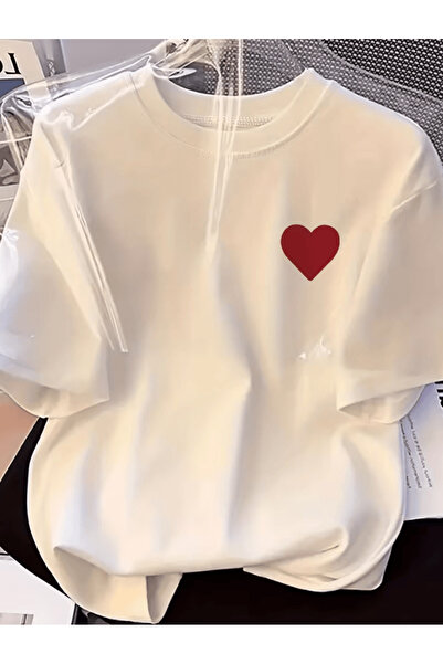 one button تصميم قلب أحمر صغير مطبوع على تيشيرت فاخر كبير الحجم