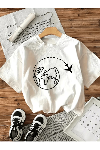 one button Μπλουζάκι Premium Oversize με στάμπα Airplane And World Design