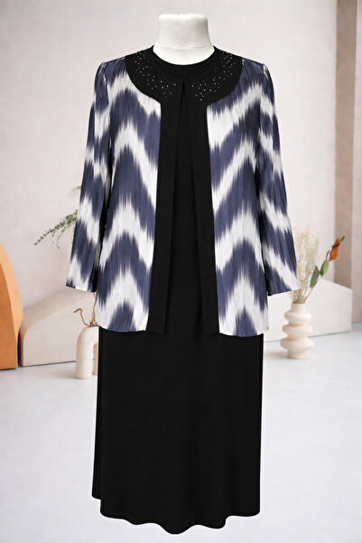 HESNA Black Deste Plus Size Jacket with Lace Tie Pattern Mother Evening Dress...