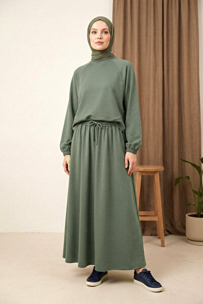 MODAQU Σετ μπλούζας και φούστας με ελαστική μέση, χακί