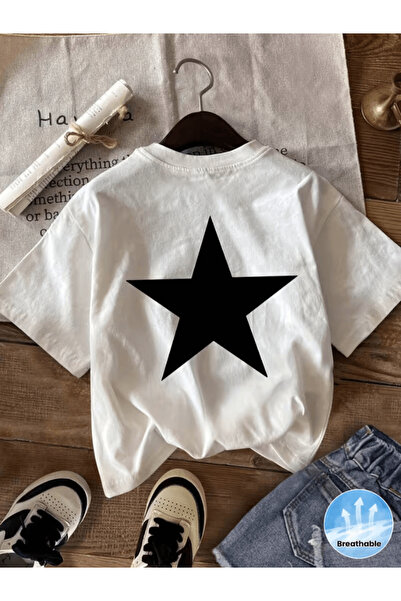 one button تيشيرت أسود لامع بطبعة نجمة مطبوعة بحجم كبير ممتاز