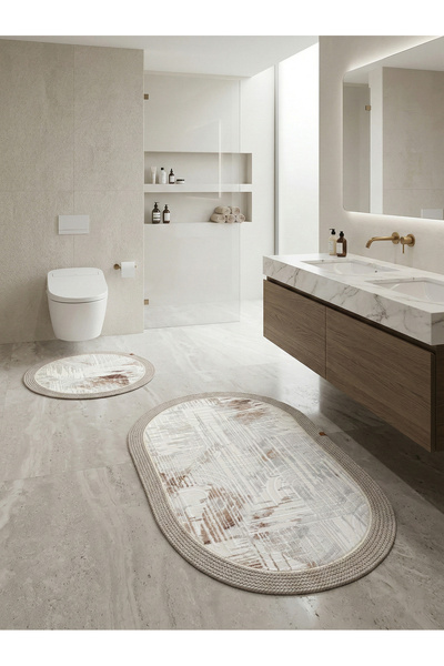 MELENA CARPET Premium Kaymaz Taban Banyo Paspası Jüt Kenar Detaylı Oval Yuvar...