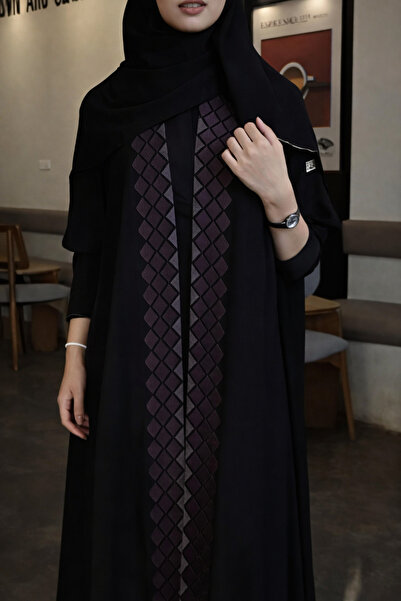 Lamsa عباية هديل بقماش كتان أسود فاحم – عباية ربع كلوش بتدخيلة جاكار بطقطق مخ...