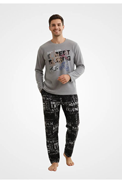 FREENİGHT Men's fleece pajamas, long-sleeved shirt and long pants, gray color...