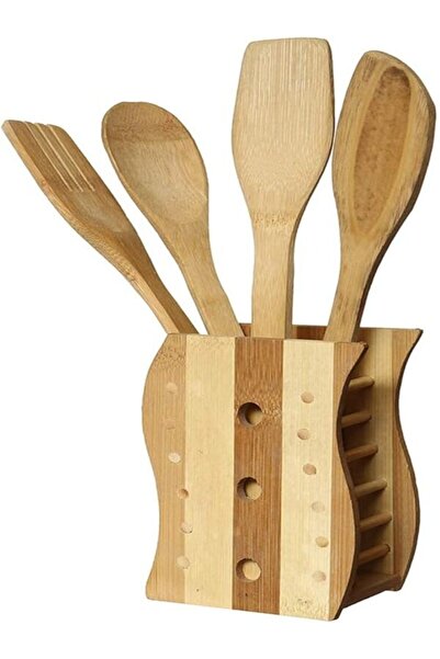 undefined Wooden Cooking Spoon Set with Spoon Rest 5 Pieces, Brown