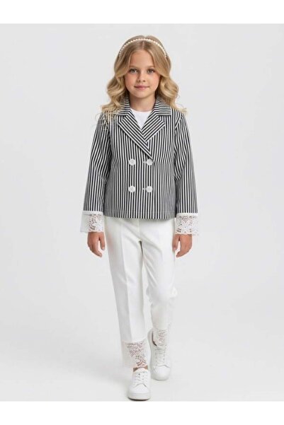 Zekids Girl's Navy Blue Striped Double-Breasted Jacket with Lace Detail