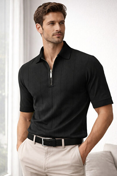 Erkek Siyah Fermuarlı Polo Yaka Tişört – Slim Fit Fitilli Kumaş Premium Yazlık