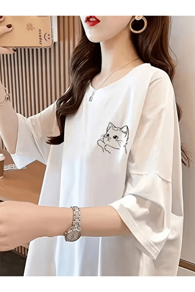 one button Χαριτωμένο μπλουζάκι με στάμπα γατάκι Premium Oversize