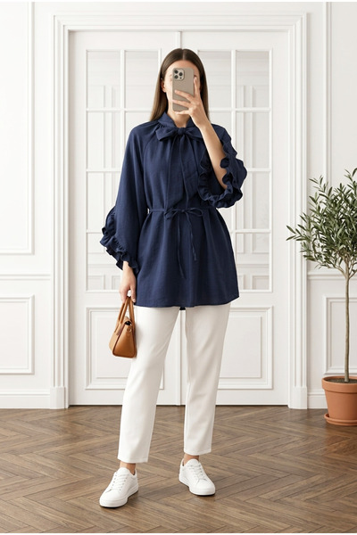 MODAQU Modal Tunic with Collar, Lace-Up Sleeves and Ruffle Detail - Navy Blue