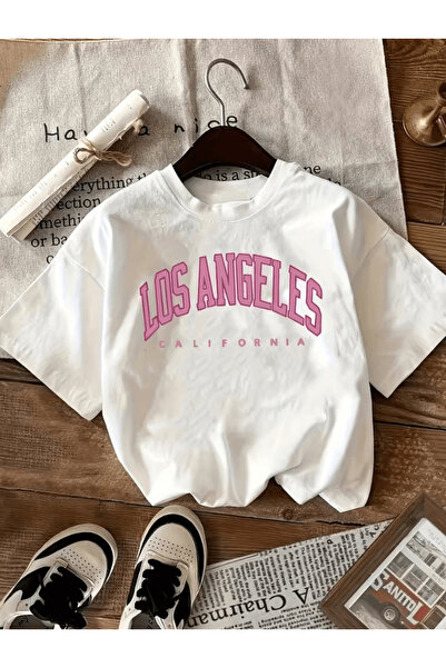 one button لوس أنجلوس كاليفورنيا تي شيرت وردي مطبوع بتفاصيل فاخرة بحجم كبير