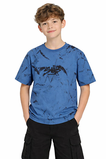 İrem Çocuk Giyim Boy's Oversize Fit Dark Blue T-Shirt with Suits Text Pattern...