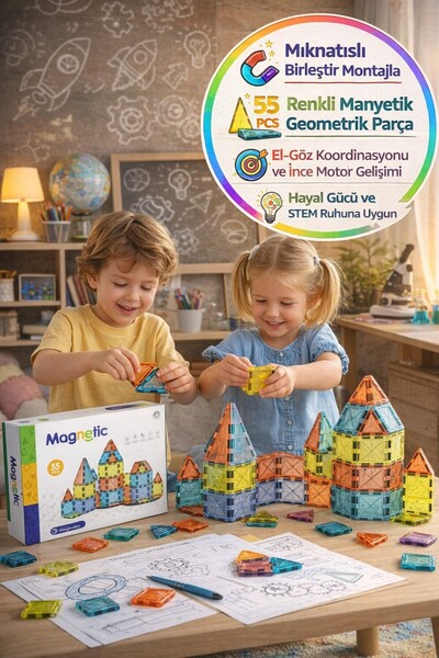 TOYFEST Magnetic 55 Parça Manyetik Yapı Blokları Eğitici Zeka Oyunu Renkli İn...