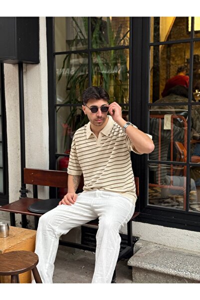 Ekru-Kahverengi Çizgili Oversize Polo Yaka Tişört