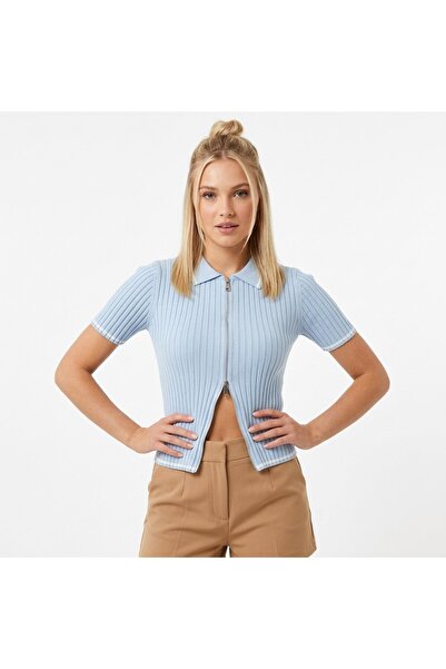 Noi Belis Short Sleeve Zipper Detailed Polo Collar Knitwear Cardigan Ss26Hi0004