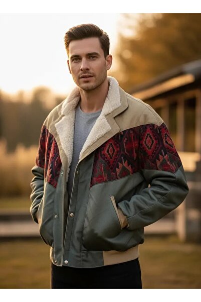 CANMODA (7898) Recien Unisex Fur Collar Vintage Aztec Jacket Oversize 90S Coa...