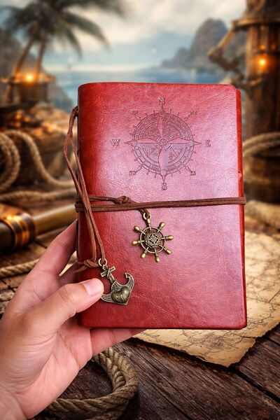 EMKSHOP Compass Themed Leather Cover Lace-Up Notebook