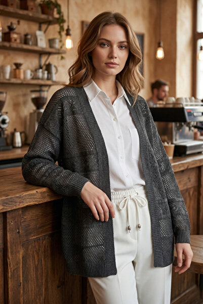 FERHEL Women's Openwork Knitwear Cardigan - Smoked