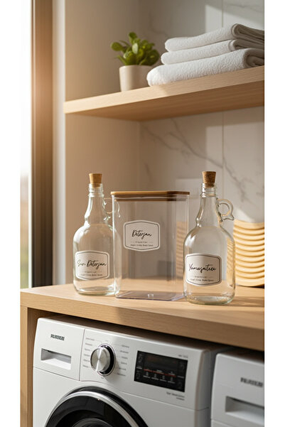 DükkanDa Set of 3 Detergent Jars with Wooden Lids 2000Ml-Glass Softener and L...