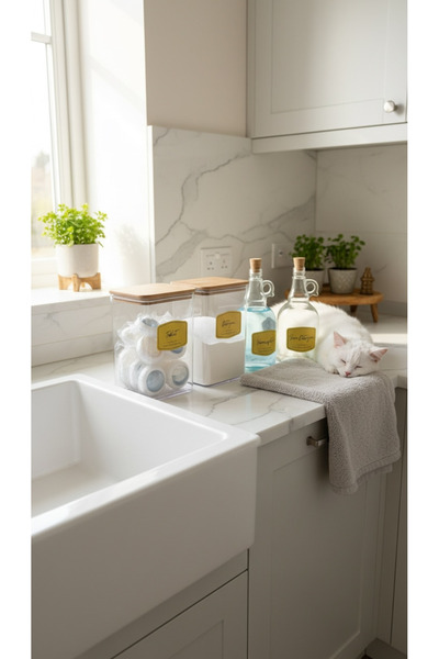 zezedesing Σετ 4 τεμαχίων βάζα απορρυπαντικού και ταμπλετών με ξύλινα καπάκια...