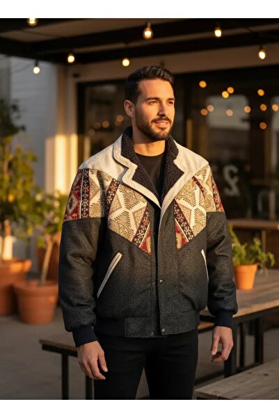 CANMODA (7895) Recien Unisex Fur Collar Vintage Aztec Jacket Oversize 90S Coa...