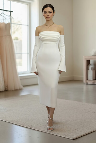 ENDAMIM Strapless Wedding Gown Long Sleeve Slit Midi Pencil Evening Dress Wed...