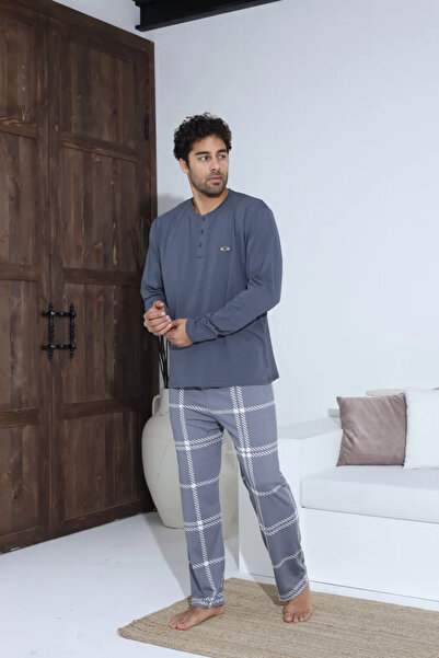 Serena Men's gray pajamas - button-down blouse with metallic detail, gray pla...