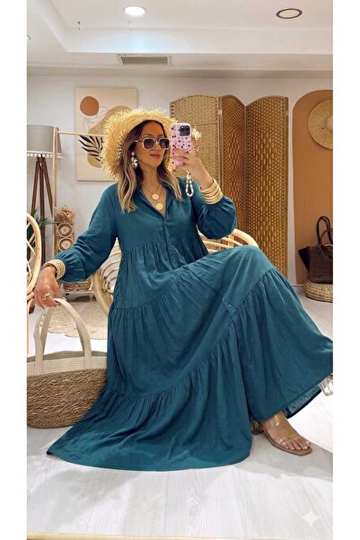 QUAWEAR V-Neck Half Placket Buttoned Elasticized Sleeve Hem Viscose Fabric Fu...