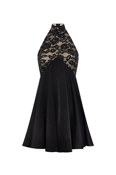 LOKADI Black Scuba Fabric Backless Lace Detailed Mini Dress
