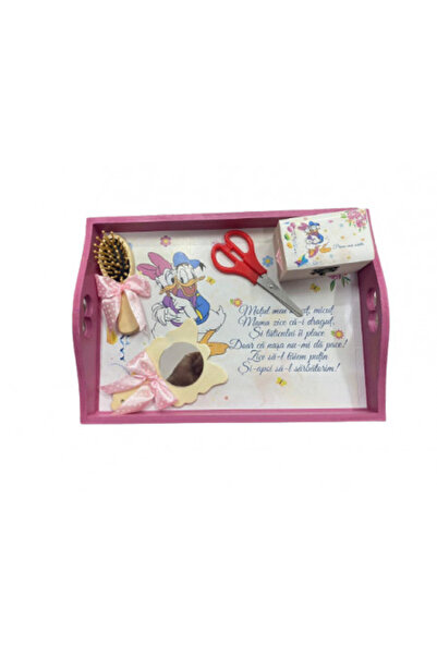 1 Tavita de turta, set de 5 piese, lemn vopsit, Daisy si Duck, roz