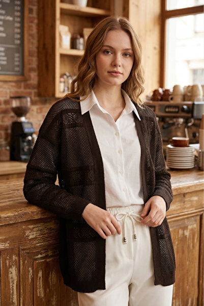 FERHEL Women's Openwork Knitwear Cardigan - Dark Brown