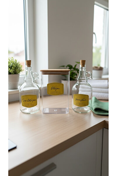DükkanDa Set of 3 Detergent Jars with Wooden Lids 2000Ml-Glass Softener and L...