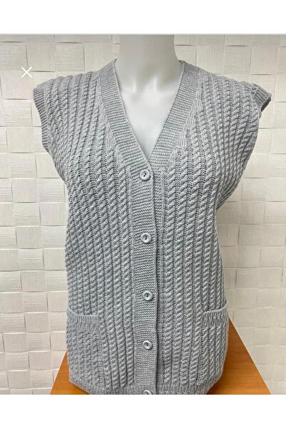 EM&FA TEKSTİL سترة الأم ذات الأكمام القصيرة المحبوكة السميكة مع جيوب