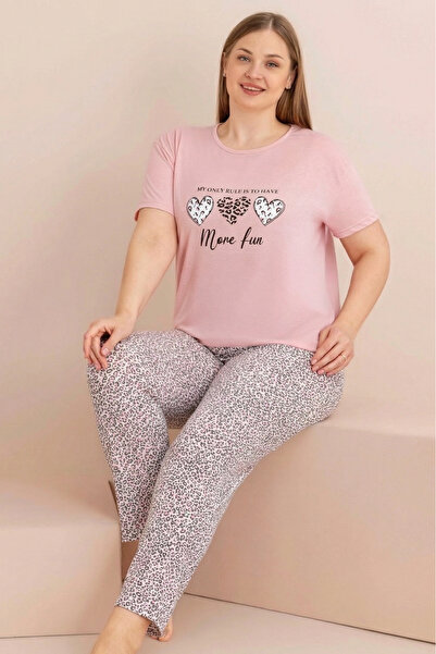 Farya Home Large Size Cotton Patterned Mother's Short Sleeve Pajama Set