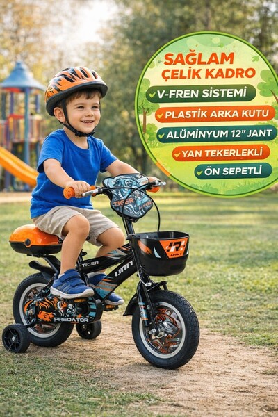 TOYFEST Tiger Predator 12 Jant Çocuk Bisikleti Siyah Turuncu Sepetli Yan Teke...