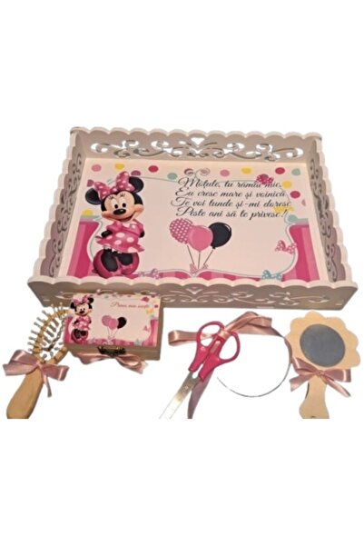 1 Tavita de turta, realizata pe tava din MDF cu margini dantelate, Minnie, roz
