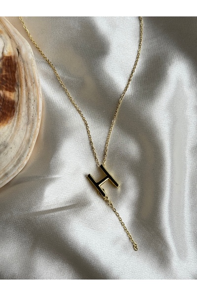 lotusbybuket قلادة من الفولاذ بنسبة 100% على شكل حرف H مطلية بالذهب