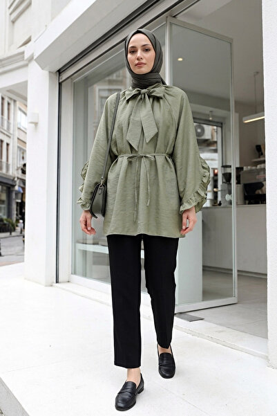 MODAQU Modal Tunic with Collar, Lace-Up Sleeves and Ruffle Detail - Khaki