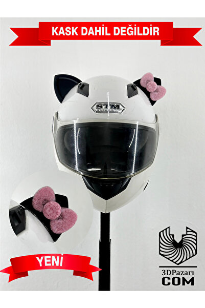 Butik Motor & Motosiklet Toz Pembe Fiyonklu Siyah Kedi Kulak Kask Dış Aksesuarı