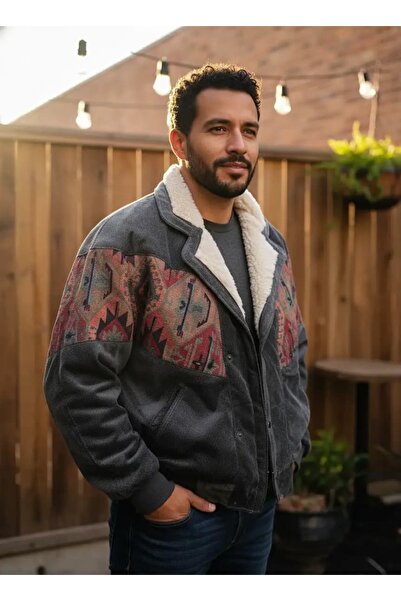 CANMODA (7893) Recien Unisex Fur Collar Vintage Aztec Jacket Oversize 90S Coa...