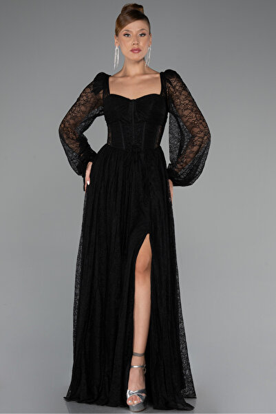 AYSHA BOUTIQUE DANTELLİ UZUN KOL BACAK DEKOLTELİ ABİYE ELBİSE