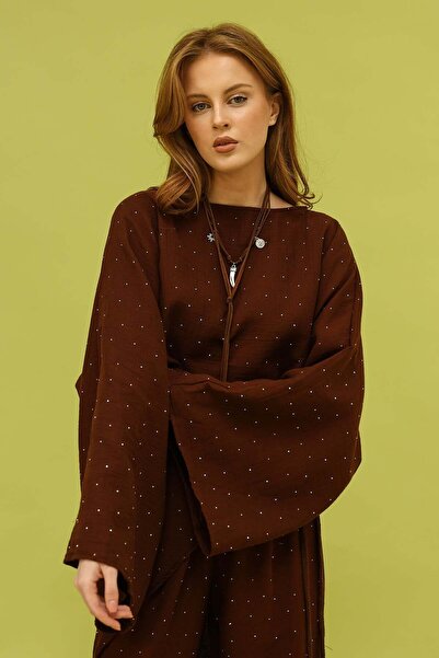 vuvutasarım New Season Stoned Muslin Fabric Bat Sleeve Women's Blouse 31360