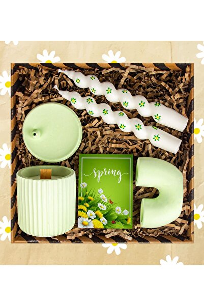 Motto Gift Yeşil Çiçek Desenli Burgulu Şamdan Mum Seti & Tütsü Altlığı Hediye...