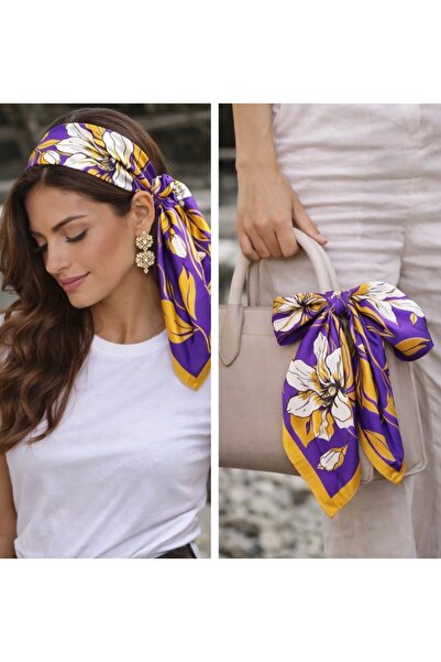 CROCUS DESIGN Silk Texture Special Floral Printed Purple Scarf 70X70